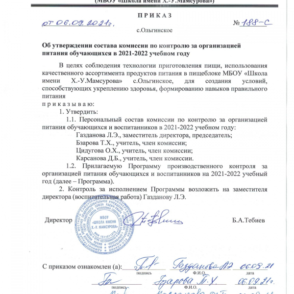 Состав комиссии по контролю за организацией питания обучающихся в 2021-2022 учебном году